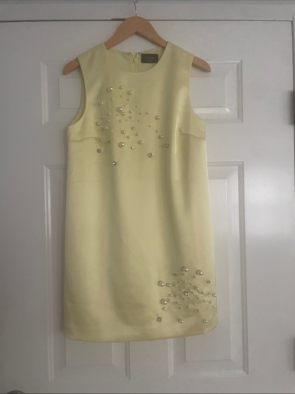 Vince Pale Yellow Pearl-Embellished Sleeveless Mini Dress
